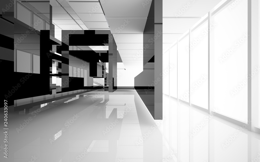 Abstract white and black interior multilevel public space with window. 3D illustration and rendering. Abstract white and black interior multilevel public space with window. 3D illustration and rendering.