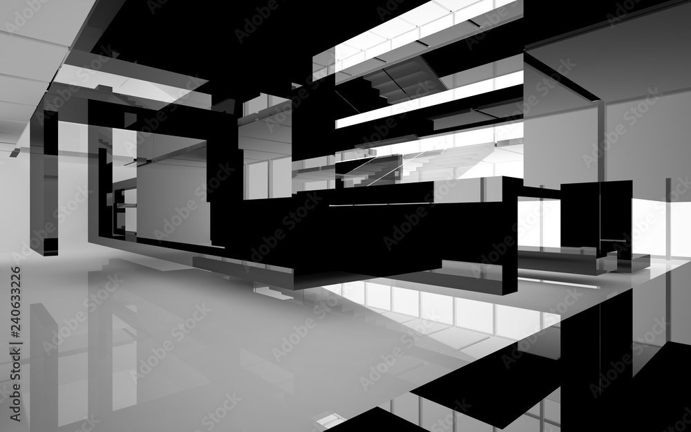 Abstract white and black interior multilevel public space with window. 3D illustration and rendering. Abstract white and black interior multilevel public space with window. 3D illustration and rendering.