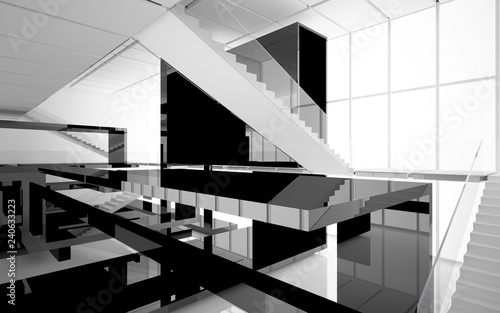 Abstract white and black interior multilevel public space with window. 3D illustration and rendering.