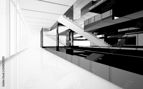 Abstract white and black interior multilevel public space with window. 3D illustration and rendering.