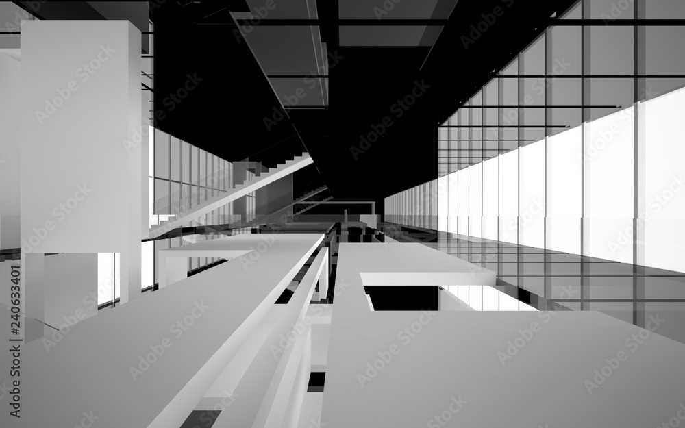 Abstract white and black interior multilevel public space with window. 3D illustration and rendering. Abstract white and black interior multilevel public space with window. 3D illustration and rendering.