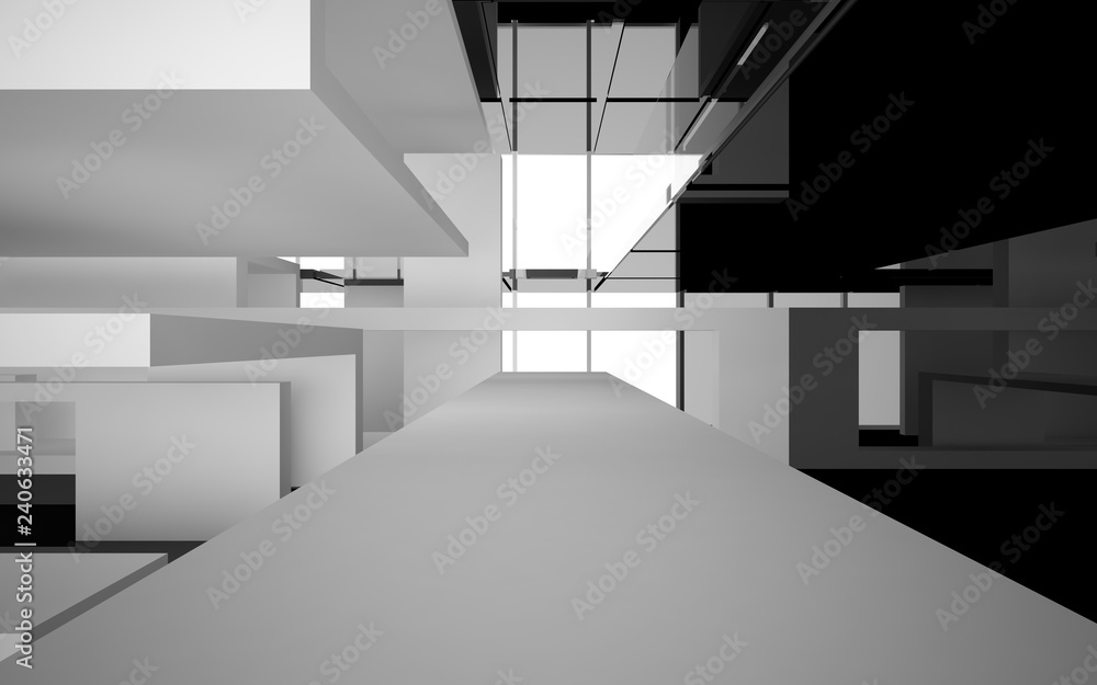 Abstract white and black interior multilevel public space with window. 3D illustration and rendering. Abstract white and black interior multilevel public space with window. 3D illustration and rendering.