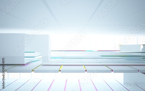 White smooth abstract architectural background whith colored gradient lines . 3D illustration and rendering