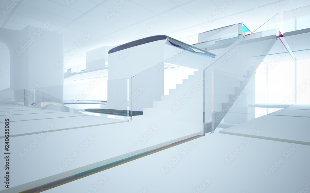 White smooth abstract architectural background whith colored gradient lines . 3D illustration and rendering White smooth abstract architectural background whith colored gradient lines . 3D illustration and rendering
