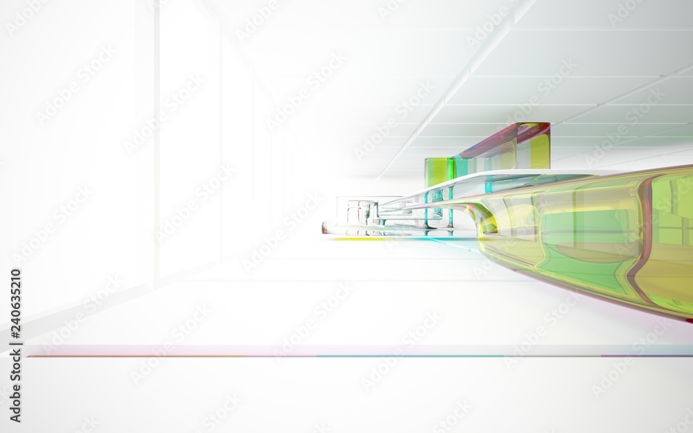 Naklejka premium abstract architectural interior with colored smooth glass sculpture. 3D illustration and rendering