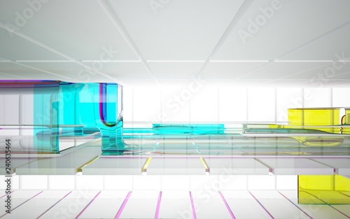 abstract architectural interior with colored smooth glass sculpture. 3D illustration and rendering