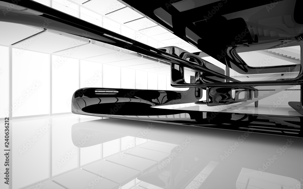 Abstract dynamic interior with black smooth objects and white room . 3D illustration and rendering Abstract dynamic interior with black smooth objects and white room . 3D illustration and rendering