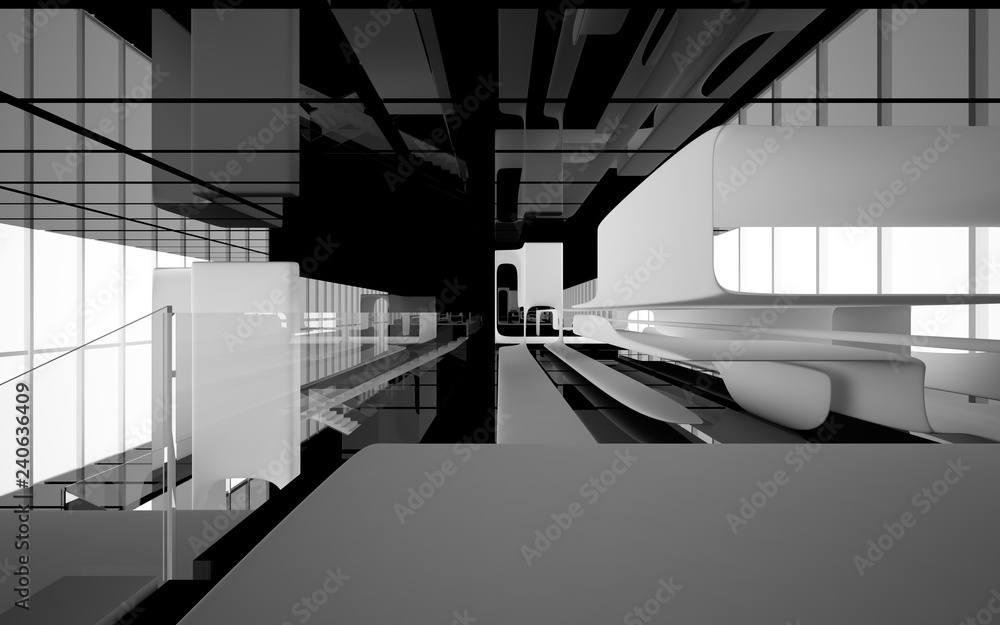 Abstract dynamic interior with white smooth objects and black room . 3D illustration and rendering Abstract dynamic interior with white smooth objects and black room . 3D illustration and rendering