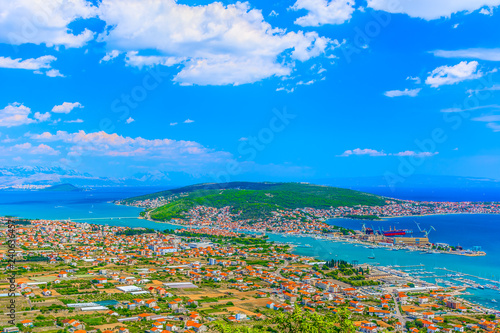 Landscape Croatia Dalmatia region. / Aerial view at Trogir Riviera in summertime, landscape scenery in Croatia, Europe.