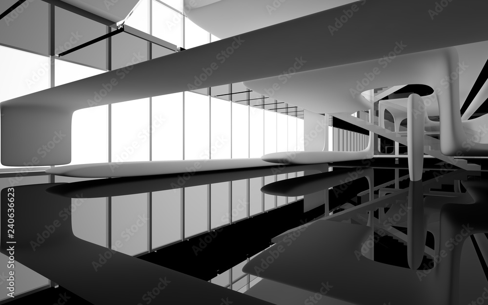 Abstract dynamic interior with white smooth objects and black room . 3D illustration and rendering Abstract dynamic interior with white smooth objects and black room . 3D illustration and rendering