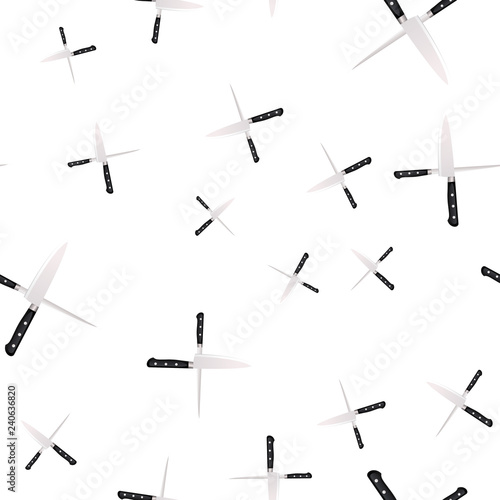 Seamless pattern of kitchen knives on a white background.