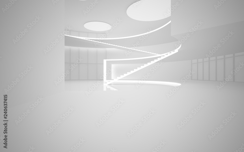 Abstract white interior multilevel public space with neon lighting. 3D illustration and rendering. Abstract white interior multilevel public space with neon lighting. 3D illustration and rendering.