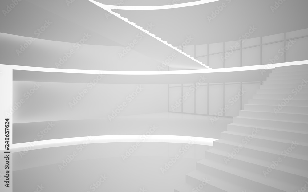 Abstract white interior multilevel public space with neon lighting. 3D illustration and rendering. Abstract white interior multilevel public space with neon lighting. 3D illustration and rendering.