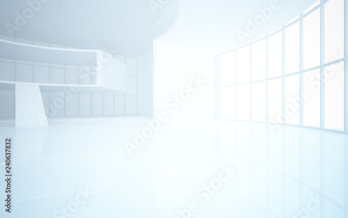 Abstract white interior multilevel public space with window. 3D illustration and rendering.