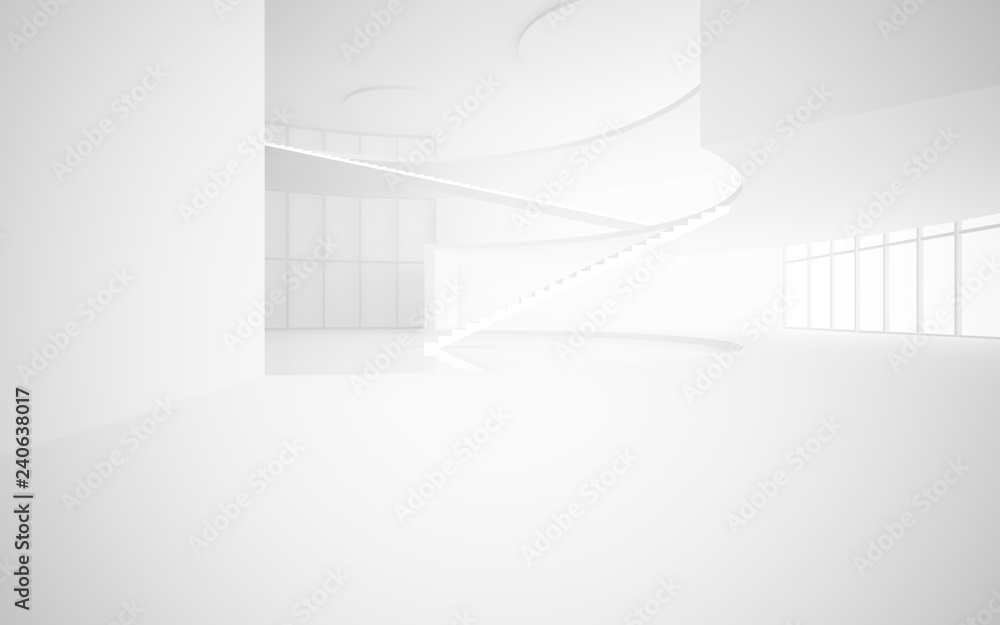 Fototapeta premium Abstract white interior multilevel public space with window. 3D illustration and rendering.