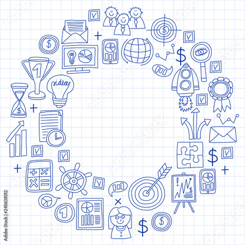 Vector set of bussines icons in doodle style. painted by penon a piece of paper in cage.
