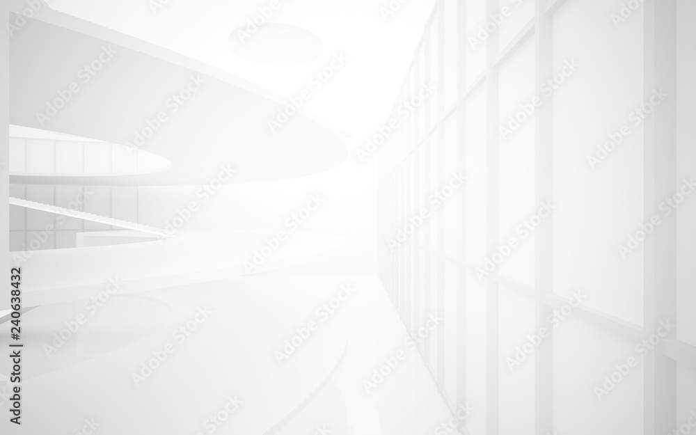 Abstract white interior multilevel public space with window. 3D illustration and rendering. Abstract white interior multilevel public space with window. 3D illustration and rendering.