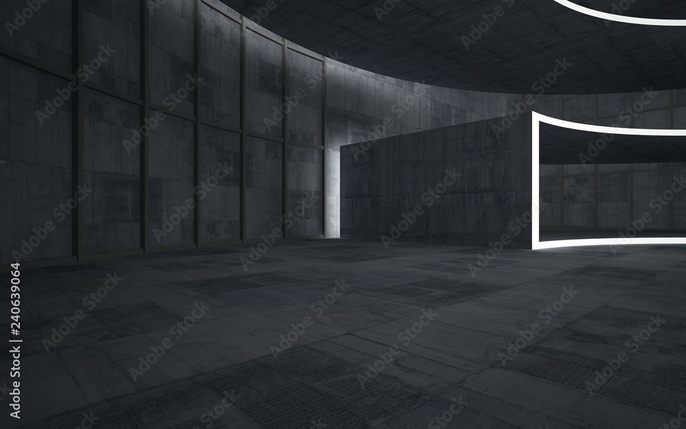 Abstract concrete interior multilevel public space with neon lighting. 3D illustration and rendering. Abstract concrete interior multilevel public space with neon lighting. 3D illustration and rendering.