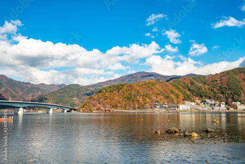 Autumn colors at Fujikawaguchiko - a Japanese resort town in the northern foothills of Mount Fuji. It surrounds Lake Kawaguchi, one of the scenic Fuji Five Lakes in Japan