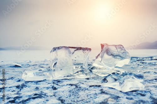 Ice on the frozen lake. Beautiful winter nature