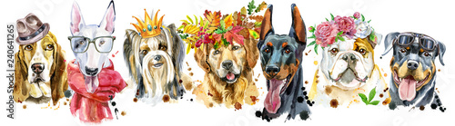 Border from watercolor portraits of dogs for decoration