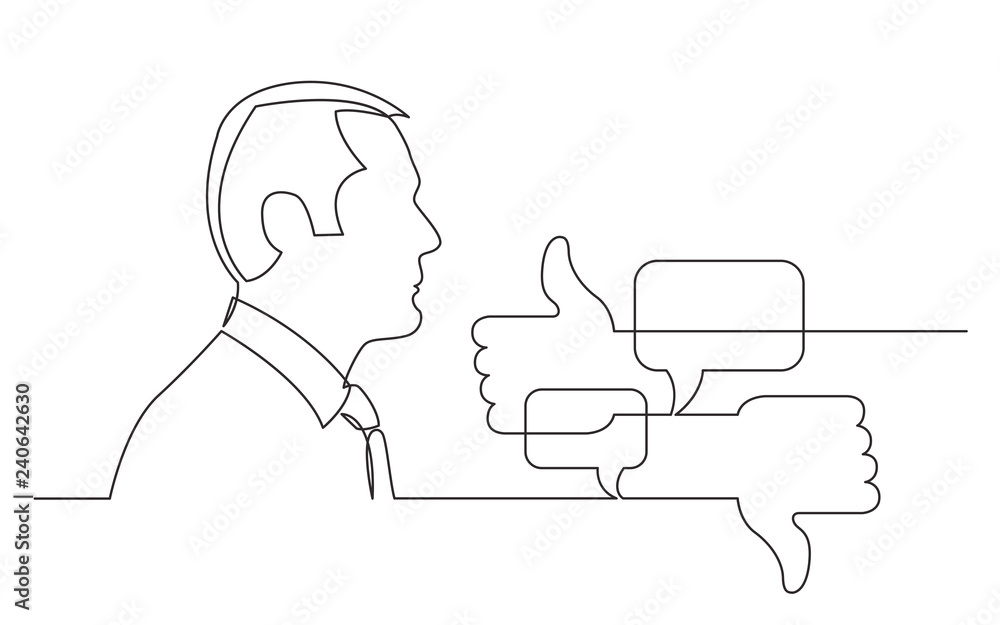 businessman thinking about social media business efficiency - continuous line drawing