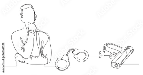 man thinking about gun violence - continuous line drawing