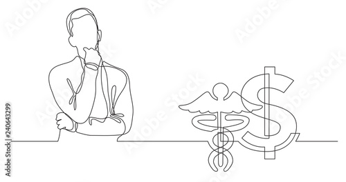 man thinking about health care cost - continuous line drawing
