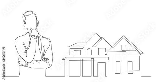 man thinking about buying his own home - continuous line drawing