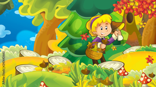 Fototapeta Naklejka Na Ścianę i Meble -  cartoon autumn nature background with girl gathering mushrooms - illustration for children