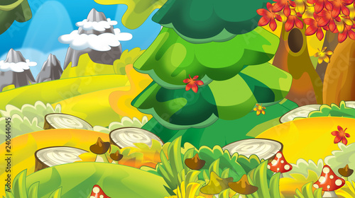 cartoon autumn nature background in the mountains with space for text - illustration for children