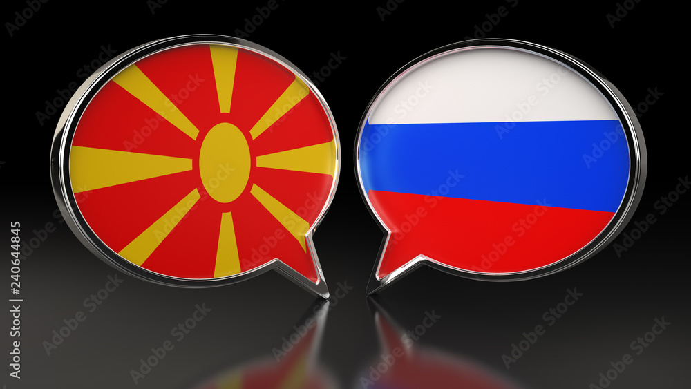 Naklejka premium Macedonia and Russia flags with Speech Bubbles. 3D illustration