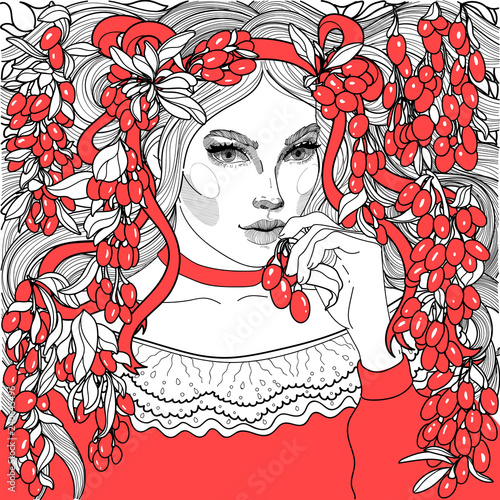 vector beautiful girl with long hair and ribbons, in a dress, bites a threat of red ripe berries