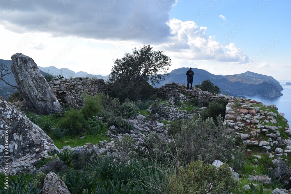 Hiking. From a hikes on the Karia trail. Turgut Castle. The Hydas Acropolis.Karia is on the way.Turgut. Mugla. Turkey. tourism in pine forest Hike Turkey