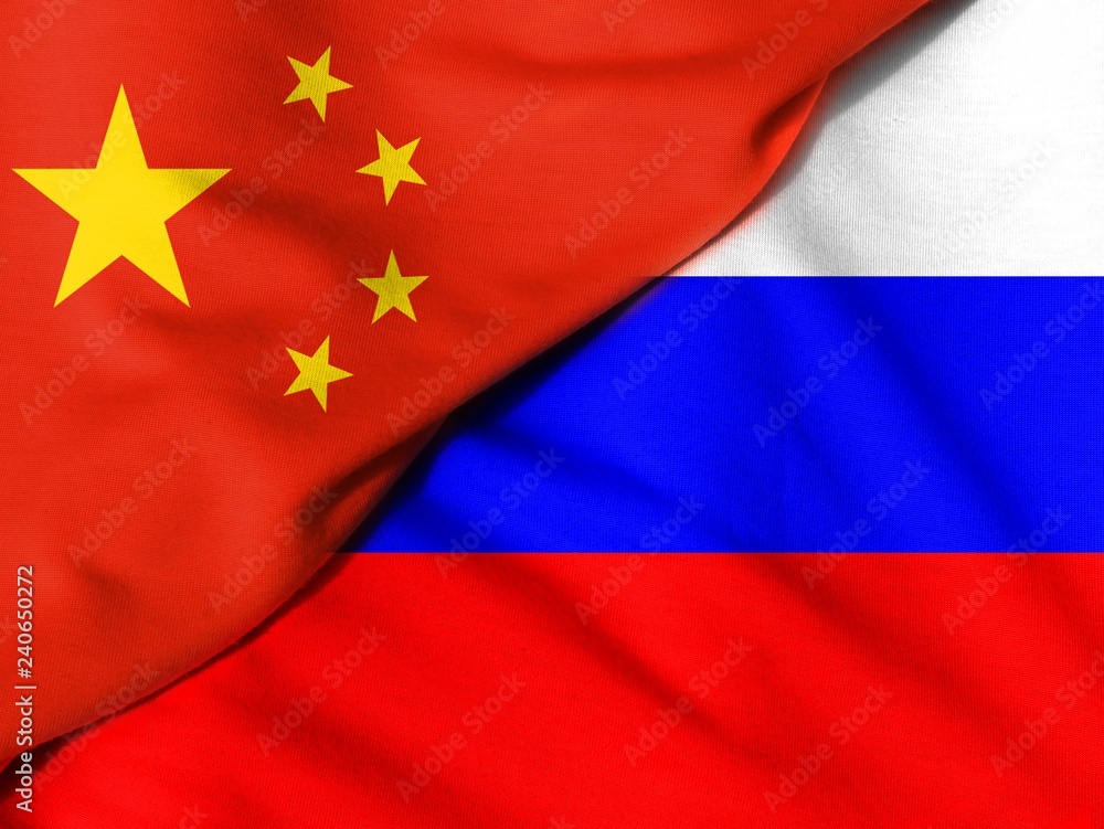 Crumpled flags. Flag of the People's Republic of China. Russian flag. Crumpled flags. Flag of the People's Republic of China. Russian flag.