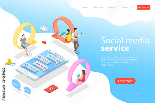 Flat isometric vector landing page template of social media, instant messenger, networking, chatting, virtual communication.