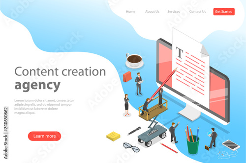 Flat isometric vector landing page template of content creating, copywriting, creative writing, content marketing.