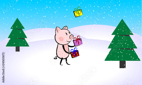 funny pig character juggling with presents in a winter forest