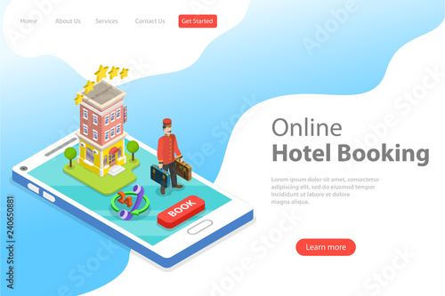 Flat isometric vector landing page template of booking hotel online, apartment search and reservation.