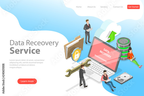 Isometric flat vector landing pate template of data recovery services, data backup and protection, hardware repair.