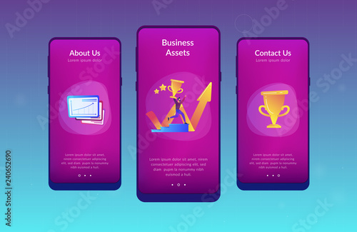 Businessman with trophy runs up stairs and growth chart. Business success, leadership, business assets and planning concept on white background. Mobile UI UX GUI template, app interface wireframe