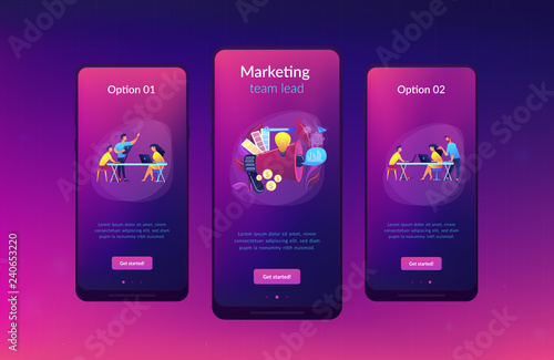 Digital marketing team with laptops and light bulb. Marketing team metrics, marketing team lead and responsibilities concept on white background. Mobile UI UX GUI template, app interface wireframe