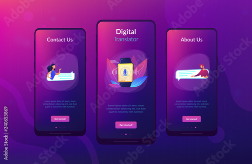 Users translating speech with smartwatch. Digital translator, portable translator, electronic language translator concept on white background. Mobile UI UX GUI template, app interface wireframe