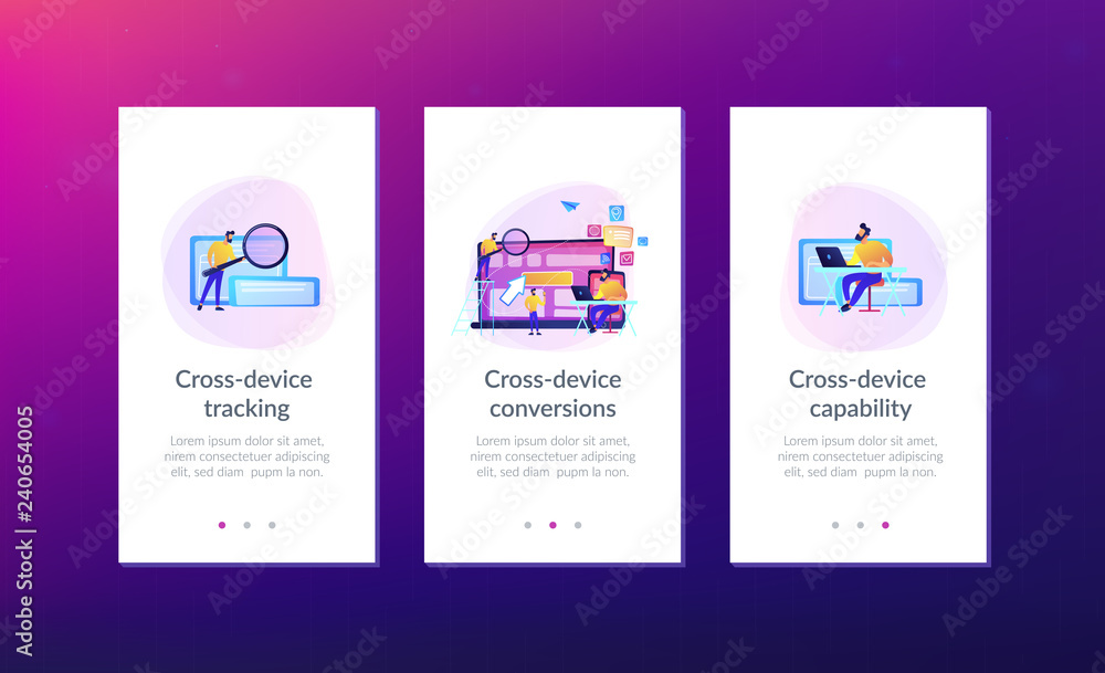 IT specialist identify user across mobile, laptop and tablet. Cross-device tracking and capability, cross-device using concept on white background. Mobile UI UX GUI template, app interface wireframe