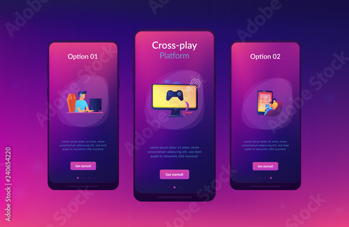 Gamers play video game on different hardware platforms. Cross-platform play, cross-play and cross-platform gaming concept on white background. Mobile UI UX GUI template, app interface wireframe