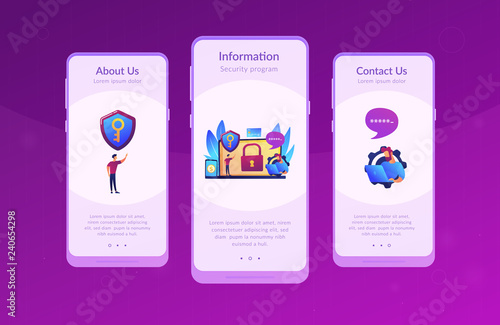 Developers work on cyber security program. Cyber security software, information security program and antivirus concept on white background. Mobile UI UX GUI template, app interface wireframe