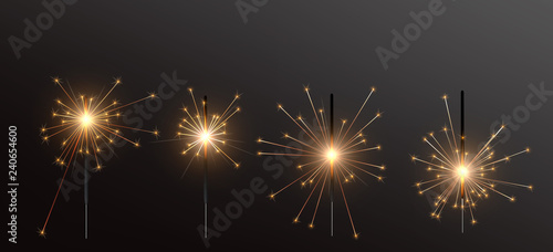 Realistic Holiday Bengal Light, with bright sparkle burning. Vector christmas diwali firework candle, celebration sparkler lights. Set 4 in 1