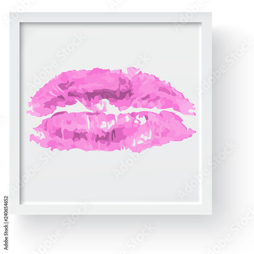Lipstick kiss print. Female sexy red lips. Sexy lips makeup, kiss mouth, modern frame and place for text