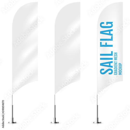 White textile sail banner flags. Banner flag mockups set. Sail concept.  Set of vector advertising mockups.