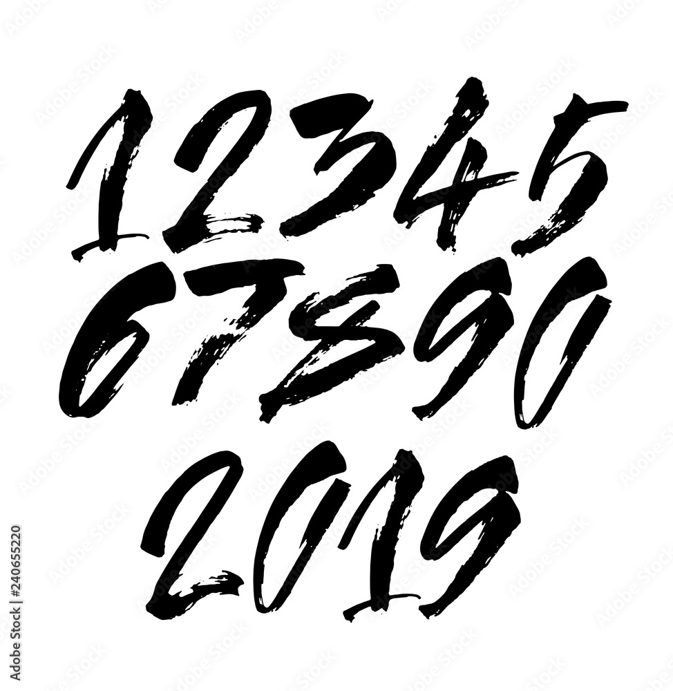 set of calligraphic acrylic or ink numbers. ABC for your design, brush lettering on a black background set of calligraphic acrylic or ink numbers. ABC for your design, brush lettering on a black background